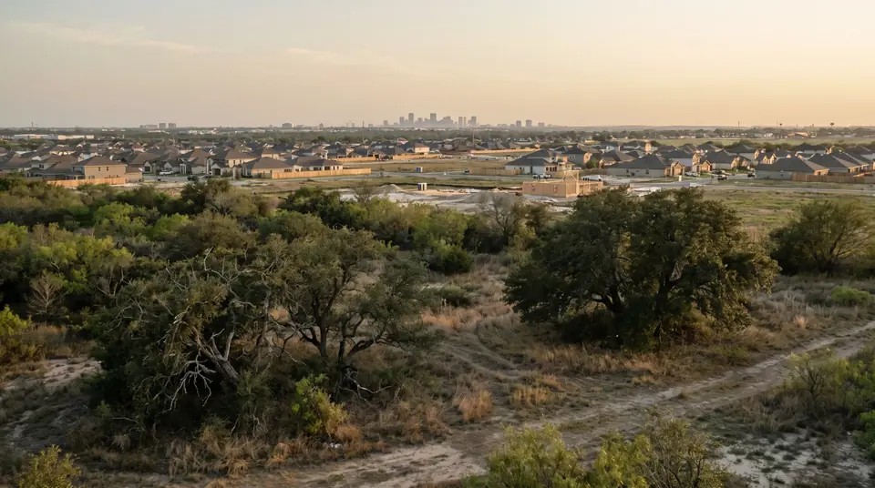Commercial land clearing in Central Texas: brushy acreage at the edge of a growing South Texas city