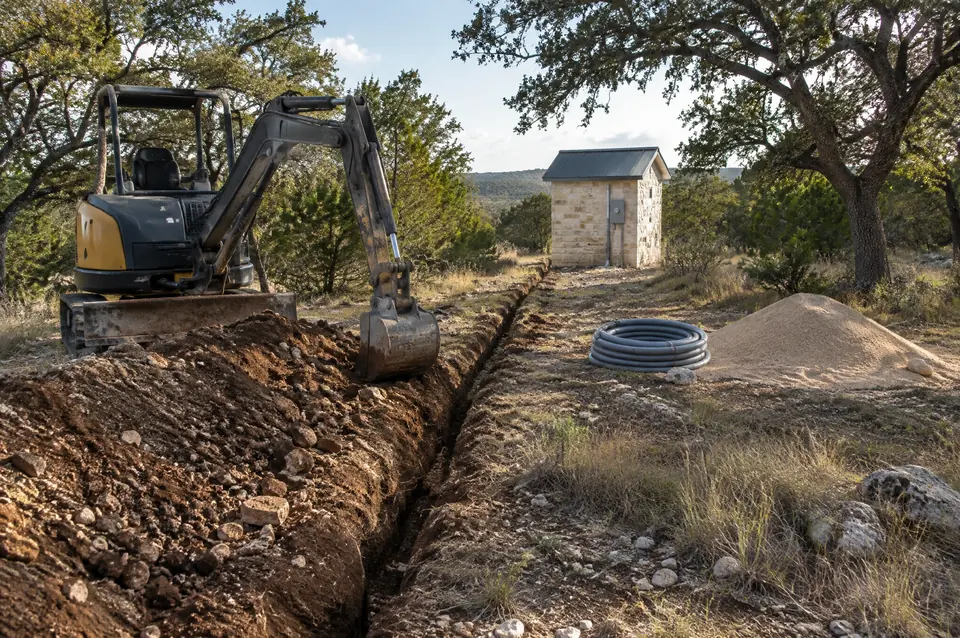 Site work and utility installation: mini excavator digging a utility trench across a cleared homesite toward a well house