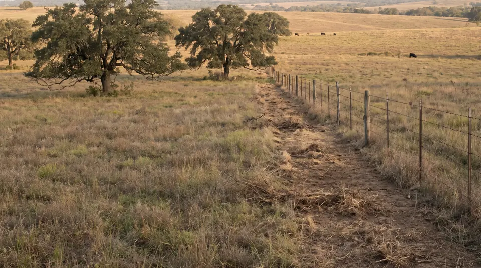 Ranch land services in Central Texas: reclaimed ranch pasture with live oaks and a cleared fence line