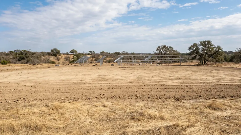 Solar farm land clearing in Texas: large cleared and mowed site prepared for a solar farm